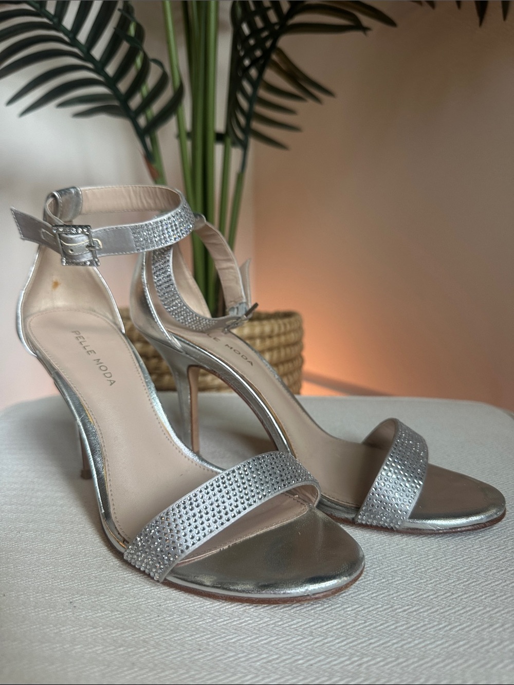 Pelle Moda silver rhinestone embellished heels